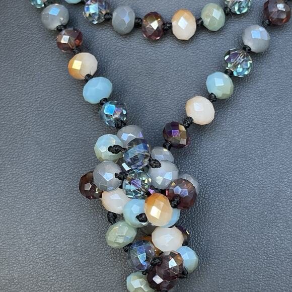 54” Hand Knotted Blue Multicolors Faceted Glass Bead Flapper Style Necklace - Picture 3 of 4